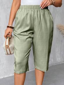 EMERY ROSE Pantalones de 3/4 con abertura y botones de madera sólida para mujer talla grande, pantalones casuales con cintura elástica para primavera/verano - Verde - Ver 3