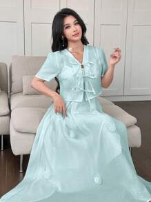 Modelyn 女士花卉装饰和环绕式腰带两件套 - 藍色 - 查看 6