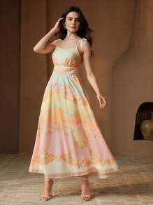 Anewsta Women's New Summer Camisole Long Dress With Waist Cinching And Yellow Floral Print