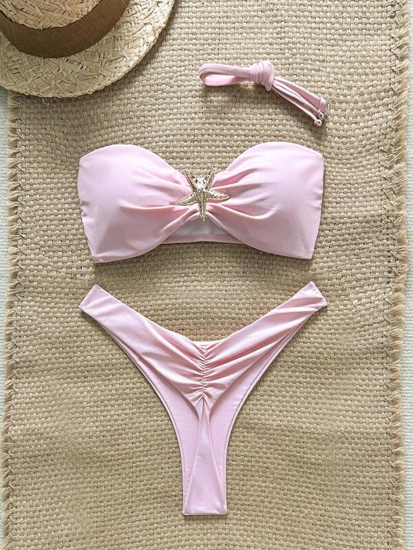 Swim Mod Seturi de bikini sexy pentru femei, cu bretele spaghete, în culori solide, cu decor metalic, cu stele de mare, de vară
