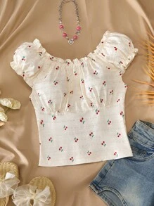 Tween Girls Cherry Print Ruched Detail Round Neck Short Sleeve T-Shirt - Multicolor - View 7