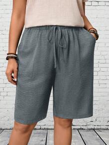 EMERY ROSE Plus Size Women Solid Color Waist Tie Pocket Casual Loose Shorts