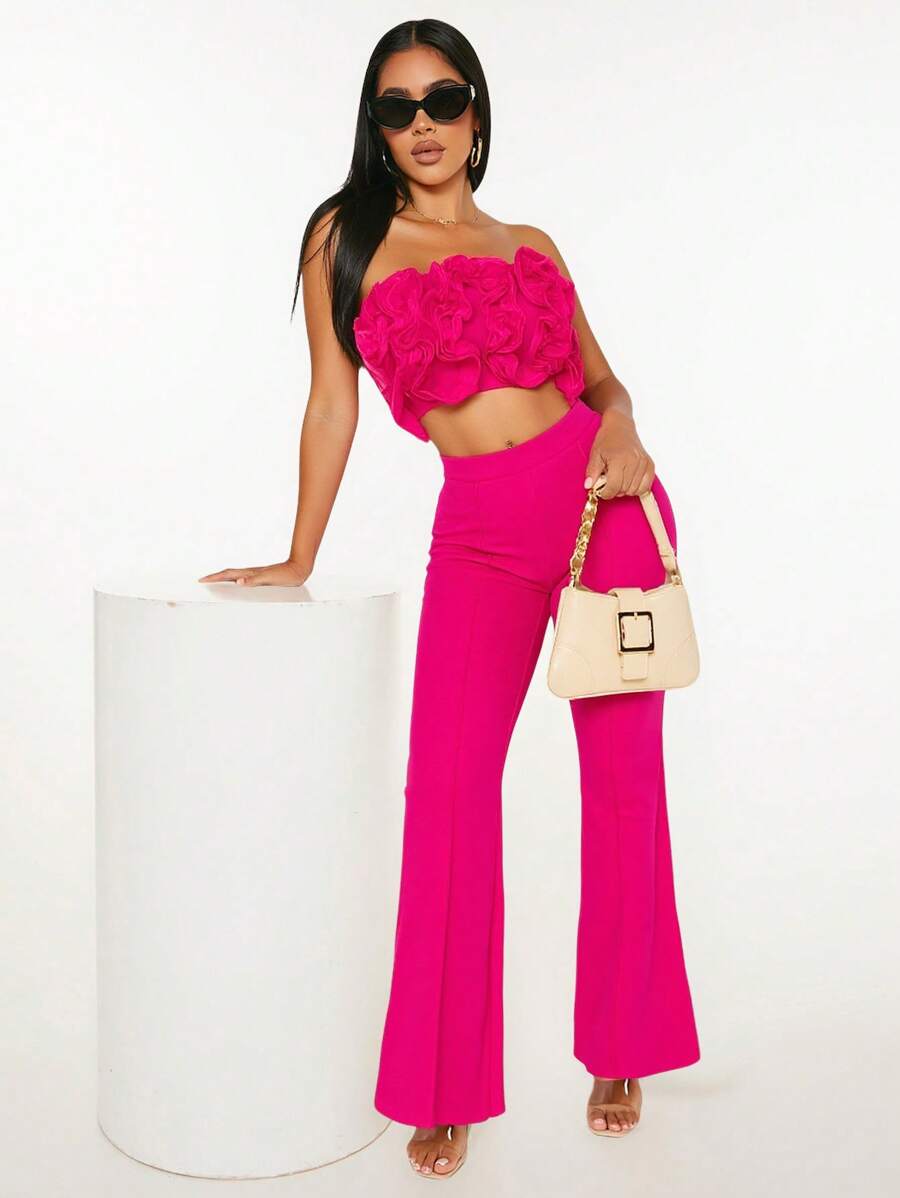 SHEIN SXY 2pcs/Set Women Ruched Strapless Red & Pink Pleated Decor Tube Top And Flared Pants Valentine Outfit - Hot Pink - View 1