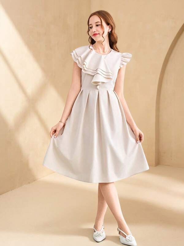 Teenage Girls Elegant Summer Apricot Ruffled Collar Simple Casual Sleeveless Waist Pleated Hem Dress, Suitable For Daily Wear