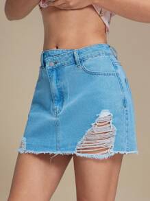 WESTFADE Mini jupe en jean déchirée avec taille croisée, pour festival, Nashville, été, cowgirl, rodéo - Jean clair - Voir 2
