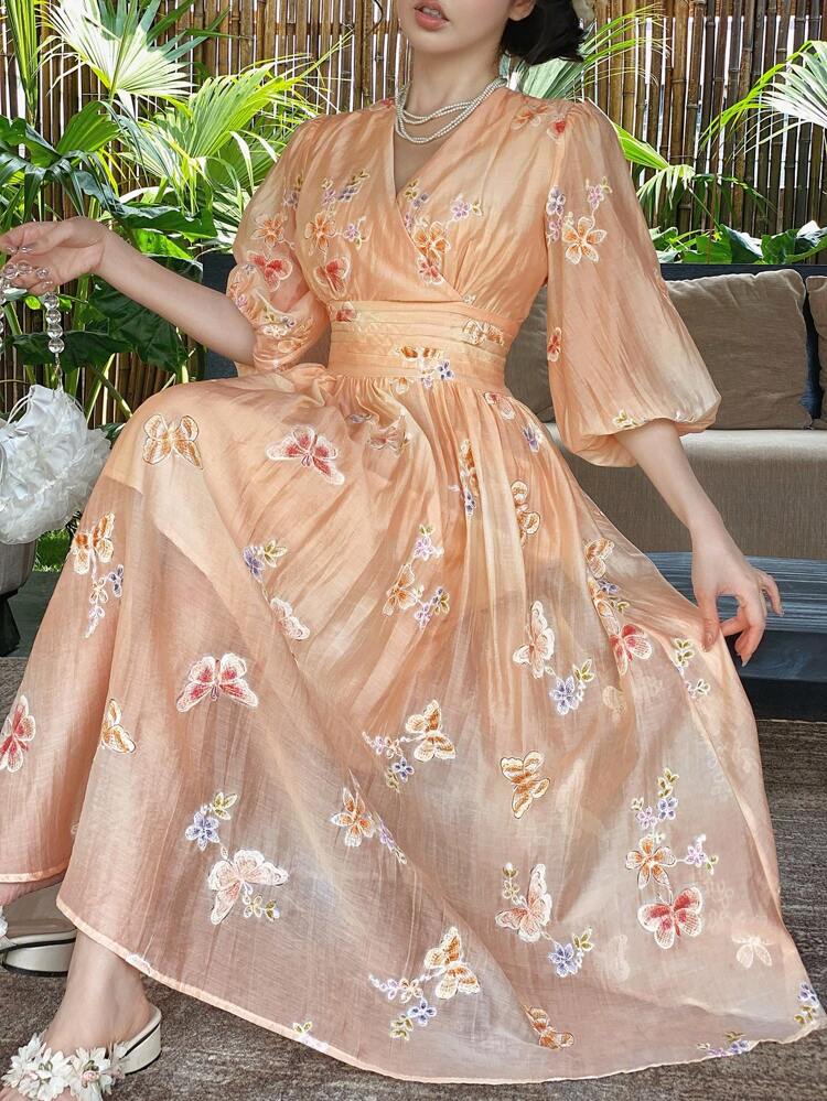 Women's V-Neck Casual Ombre Butterfly Puff Sleeve Mid-Length Dress Maxi Dress Boho