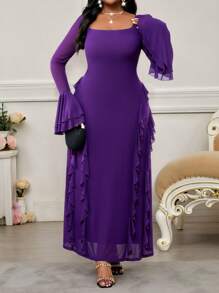 Fleurora Spring And Summer Casual Elegant Boho Black Square Collar Basic Slim Short Sleeves With Pink Geometric Slim Mid-Length Plus Size Skirt Plus Size Two Pieces Set - Purple - View 6