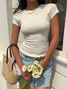 SHEIN EZwear Summer Vacation Beach T-Shirt Textured Round Neck Fitted Apricot Color - Apricot - View 3