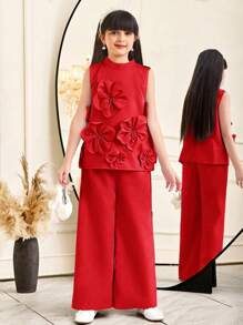 SHEIN 女童两件套 - 优雅领口无袖花卉装饰衬衫和裤子 - 紅色 - 查看 3
