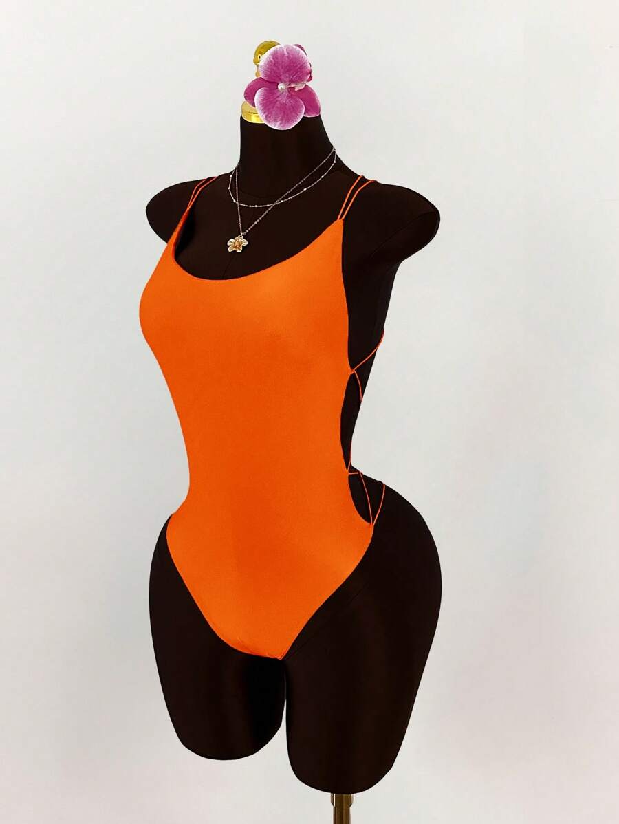 Amplova 双肩带露背交叉连体衣 - 橘色 - 查看 1