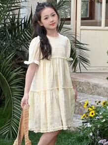 DAZY Tween Girls Fall Solid Round Neck Dress,Back To School Clothes - White - View 3