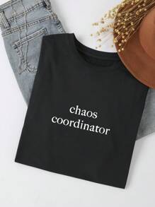 INAWLY Chaos Coordinator 标语黑色宽松休闲女式 T 恤 - 黑色 - 查看 3