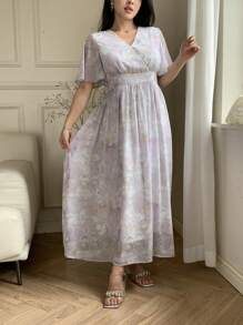DAZY Damen Kleid mit V-Ausschnitt und Kurzarm, modischer Sommerstil - Violett - Übersicht 8