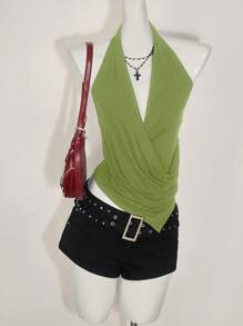 SHEIN ICON Women Asymmetric Hem Draping Neck Backless Halter Top - Green - View 3