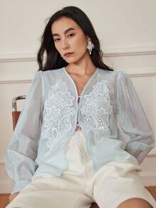 Dazy-Less Women's Elegant Casual Holiday Blooming Flower Decor Crochet Lace Trim Organza Chiffon Drawstring Cardigan Long Sleeve Blouse, Summer,Fall Women Clothes Business Casual Woman Work Clothes - Baby Blue - View 3