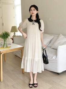 SHEIN 少女杏色梭织撞色黑色休闲优雅甜美拼色娃娃裙蝴蝶结装饰梭织短袖连衣裙，夏季，返校季 - 杏色 - 查看 6