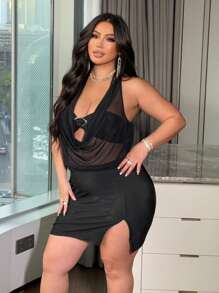 Flirla Rochie mini neagră din plasă, cu bretele spaghete, mărime plus - Negru - Vizualizare 1