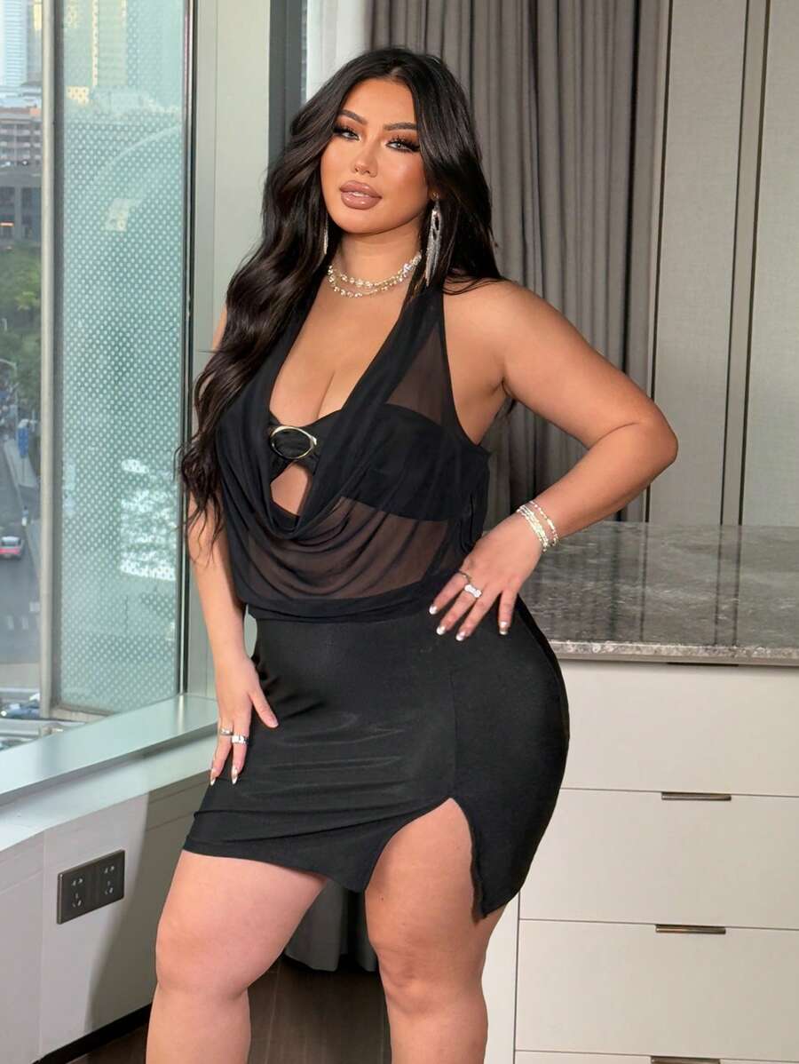 Flirla Rochie mini neagră din plasă, cu bretele spaghete, mărime plus - Negru - Vizualizare 1