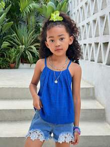 SHEIN 年轻女孩休闲/度假蓝色无袖纹理背心，适合度假、海滩 - 藍色 - 查看 4