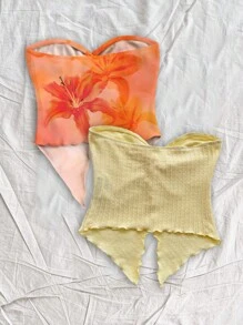 Soleia 2pcs Women Casual Summer Vacation Style Corset Top, Featuring Yellow Tie-Dye Pattern & Orange Tropical Flower Print, Asymmetrical Hemline, Suitable For Spring/Summer Holiday Tube Top