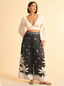 CAJUNI Plus Size Women's Tropical Banana Tree Print Loose Wide Leg Extra Long Pants, Casual And Vacation Style