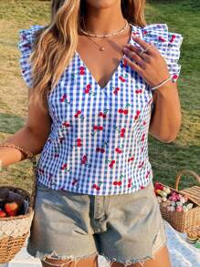 Flirla 大码V领荷叶边盖袖格子数码女式衬衫