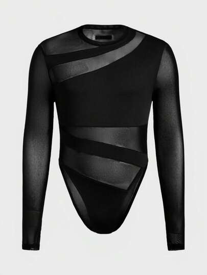 EASEVO Plus Size Men's Sexy Long Sleeve Mesh Jumpsuit, Casual Wear