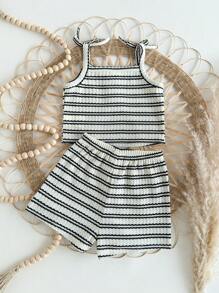 SHEIN Babygirl Cute Summer Casual Knitted Stripe Camisole Tank & Elastic Waist Shorts Set