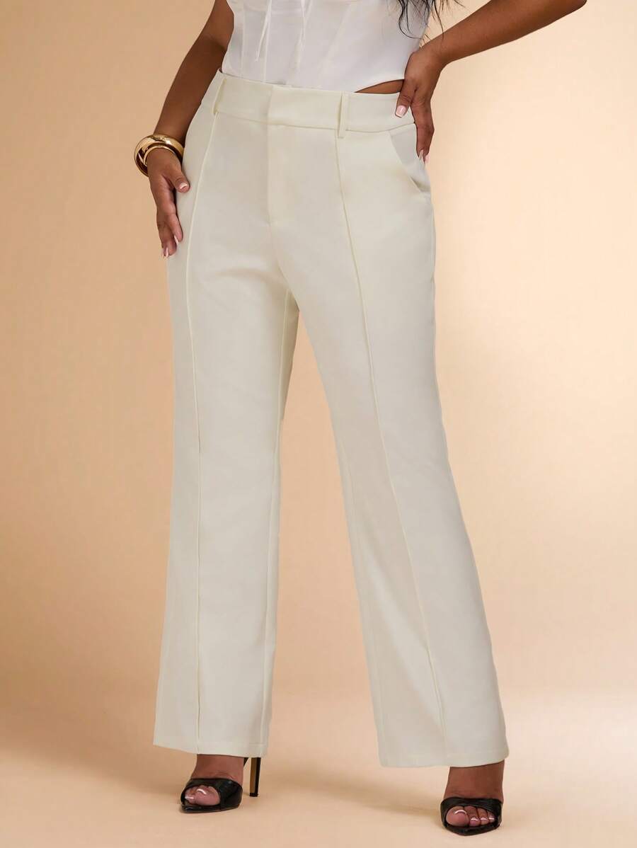 SHEIN BAE Pantalones elegantes de negocios y casual con pierna acampanada y bolsillos en talla grande de unicolor - Blanco - Ver 1