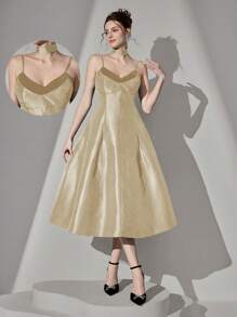 Poshira Spaghetti Strap A-Line Two Pieces Fake Collar Mini Dress, Party Dress, Prom Dress - Champagne - View 1