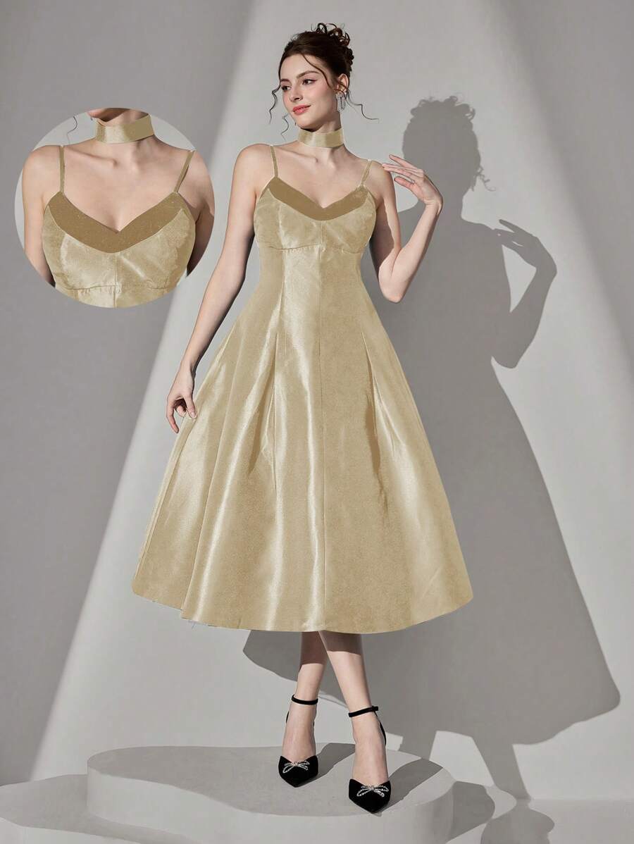 Poshira Spaghetti Strap A-Line Two Pieces Fake Collar Mini Dress, Party Dress, Prom Dress - Champagne - View 1