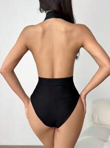 SHEIN PETITE Women's Fashionable Sexy Halter Deep V Neck Solid Color Bodysuit With Metal Buckle Decor, Suitable For Music Festivals And Resort Occasions - Black - View 2