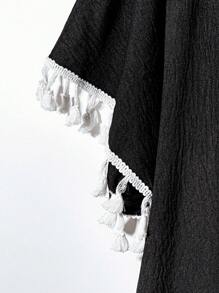 EMERY ROSE 大码女式宽松蝙蝠袖拼布领荷叶边袖口下摆流苏边斗篷衬衫，春夏