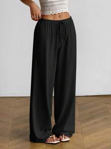 SHEIN EZwear 女士夏季新款针织纹理黑色裤子，适合度假穿着 - 黑色 - 查看 4