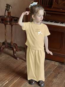 DAZY Conjunto de 2 piezas: Camiseta de cuello redondo de manga corta y pantalón largo para niña, de moda para el verano