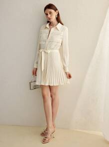 MOTF STUDIO LACE INSERT TEXTURED SATIN PLEATED SHORT DRESS, LONG SLEEVE SHIRT DRESS