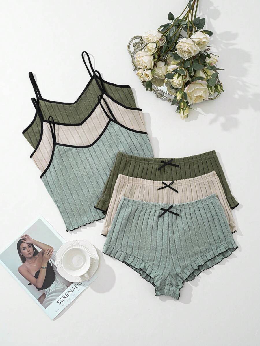 SHEIN 3 Sets In Solid Color Knitted Ribbed Fitted Cami Top & Shorts Pajama Set, Multi-Color Combination, Lounge Outfit - Multicolor - View 1