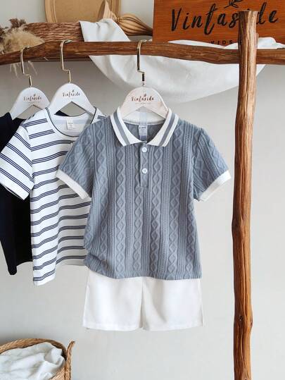 SHEIN Vintaside Kids 适合小男孩的两件套夏季套装，Polo 领短袖上衣搭配纯白色短裤，简约风格，无印花，修身剪裁，适合户外活动、居家舒适、休闲派对