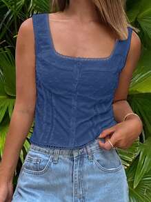 DAZY 女士夏季修身蕾丝纹理提花吊带背心性感女士上衣短款女士上衣 - 藏蓝色 - 查看 5