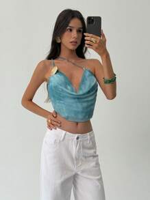 Aloruh Women's Teal Blue Tie-Dye Print Criss-Cross Wrap Draped Neck Hollow Out Backless Cami Top,Summer Seksi Chic Nightclub Beach Vacation Outfits - Silver - View 7