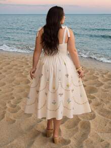 SHEIN MOD Plus Size Women Beige Vintage Floral Print Bowknot Waist Dress, Apricot Base Placement Print Plus Size Women Long Dress,Summer Dresses,Positioning Printing,Short Sleeves,Boho Chic Dress