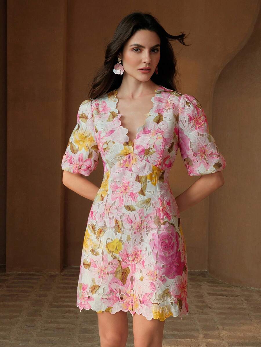 Women V-Neck Short Puff Sleeve Ruffled A-Line Lace Floral Print Dress, Summer, Festival, Holiday, Vacation, Elegant - Pink - View 1