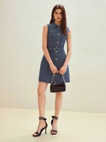 MOTF STUDIO BUTTON FRONT BELTED DENIM DRESS