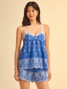 CAJUNI 女士度假蓝白编织花卉刺绣纹理面料拼接蕾丝吊带背心，夏季假日海滩约会细肩带上衣 - 彩色 - 查看 4