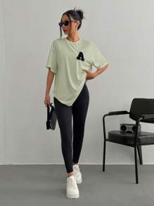 SHEIN EZwear Women's New Loose Letter Print Short Sleeve T-Shirt And Legging Set - Mint Green - View 5