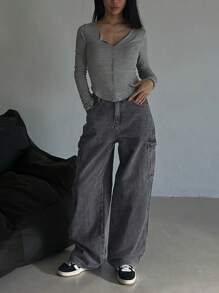 DAZY Jeans cargo de unicolor de pierna ancha y largo, de corte holgado para mujer