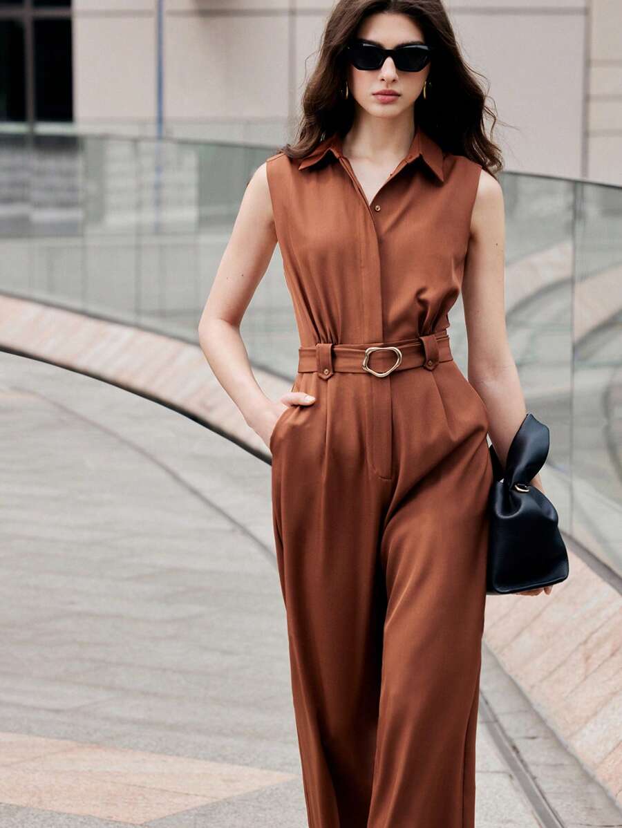 BizChic 2025 Summer New Music Festival Party Look, Versatile Spring/Summer Fashion, Suitable For Weddings, Brunch, Casual/Work Outfits, Office, Date - Women Elegant Sleeveless Jumpsuit With Shirt Collar, Metal Buckle Belt, Brown - Coffee Brown - View 1