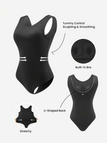LUVLETTE Damen einfarbiger einfacher Tank Bodystyler Bodysuit Schwarz, Sportbodysuit Schwarz, aktiver Gym Bodysuit