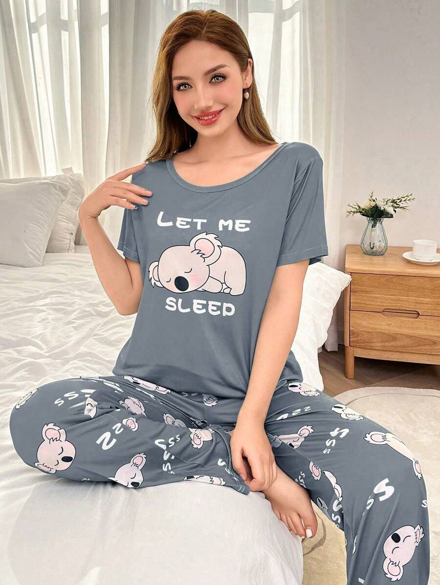 2pcs Cute Koala Print Short Sleeve Pajama Set  Cozy And Elegant Details - Multicolor - View 1