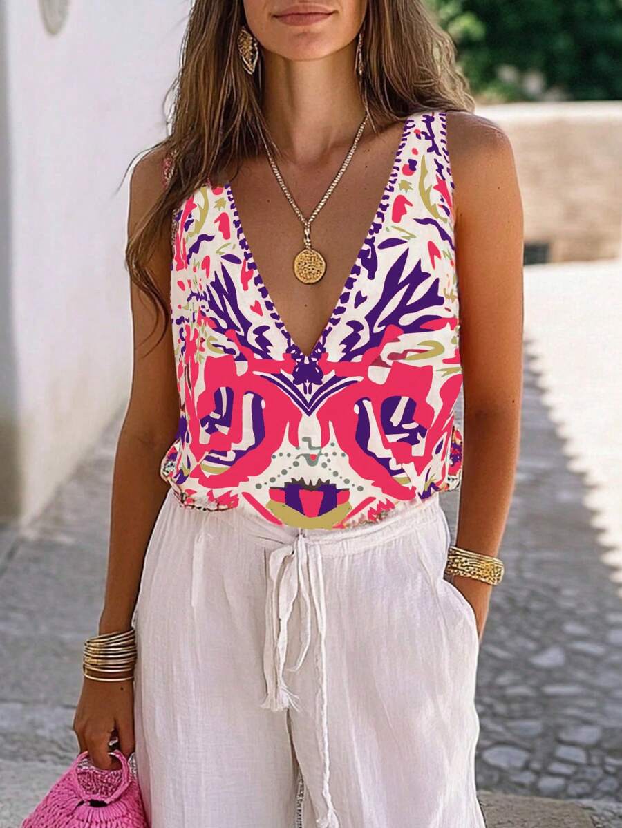 Chiquease French Elegant Deep V-Neck Wide Strap Print Top, Summer New Ladies Tank Top - Hot Pink - View 1